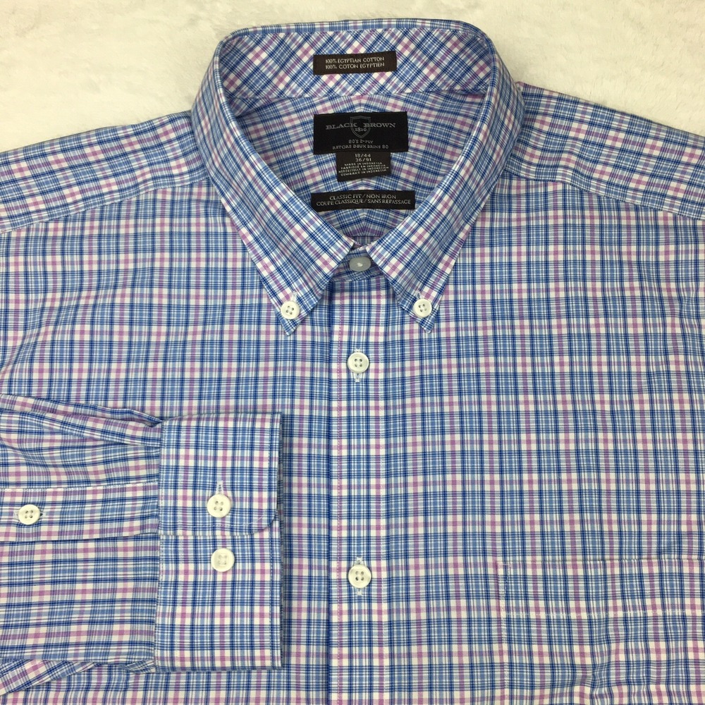 BLACK BROWN Dress Shirt Mens 18-36 Blue/Mauve Plaid Egyptian Cotton NWT!